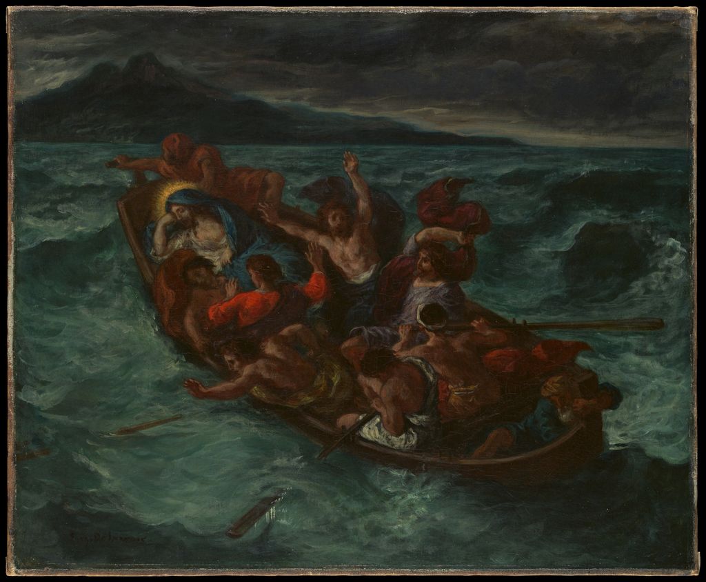 Delacroix's complete painting sets a crowded brown-red boat against green-blue waves beneath a dark storm sky.