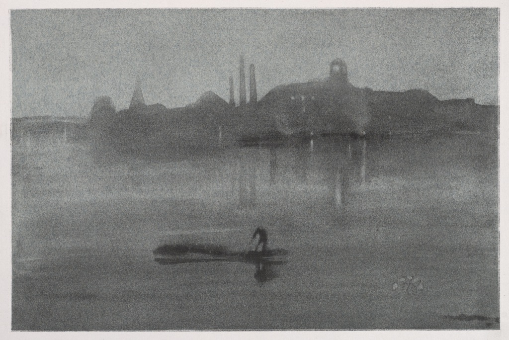 A misty monochrome riverside scene in grays, with a pale sky, dark shoreline, faint reflections and small silhouetted figures.