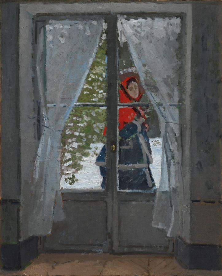 Monet's complete winter scene contains a small bright red kerchief behind a window amid whites, browns and blue-greys.