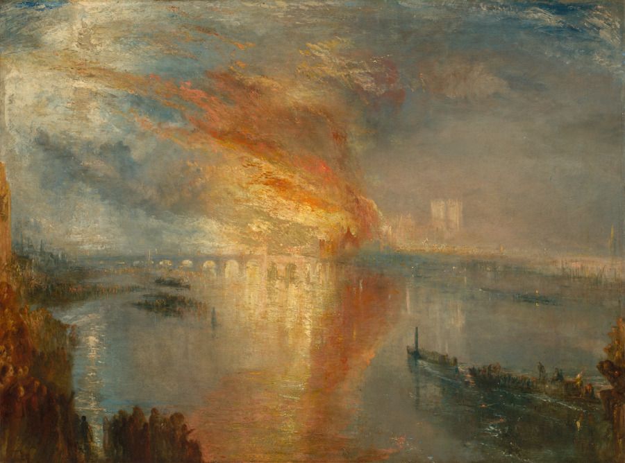 Turner's complete painting spreads orange-yellow fire across blue-grey smoke, water and sky.