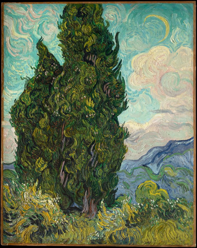 Van Gogh's complete painting sets dark blue-green cypresses against a pale sky, yellow field and orange-edged clouds.