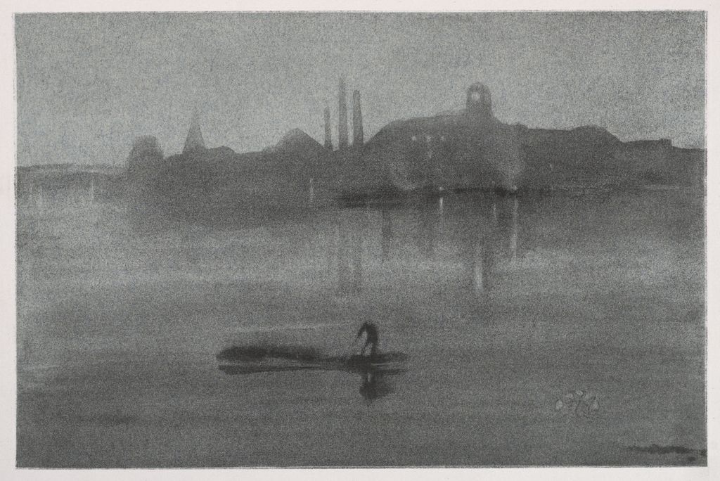 Whistler's complete horizontal print is built from muted blue-grey passages with a few small warmer lights.