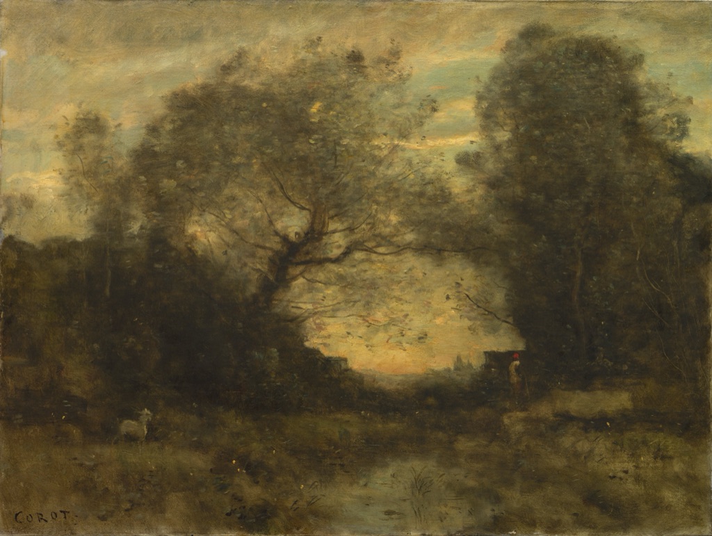 Muted green and brown trees frame pale sky and reflective water with a small figure and white goat.
