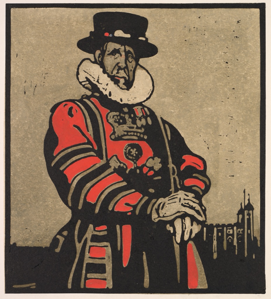 A frontal guard is built from red, black and tan fields, heavy outlines and white paper.