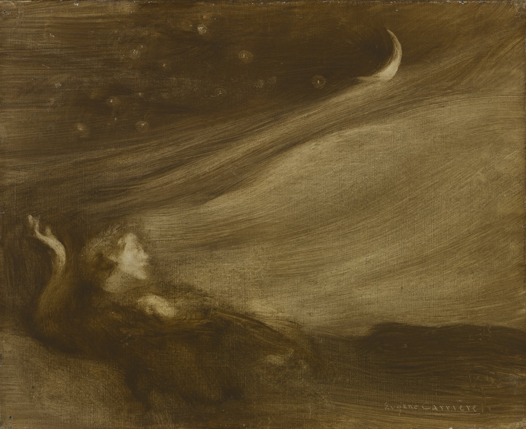 A reclining figure, crescent moon and broad diagonal light emerge through a narrow range of brown and ochre oil passages with blurred edges.