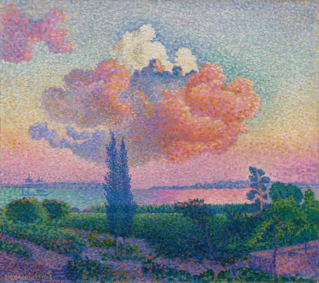A large pink sunset cloud, pale sky, dark cypresses and foreground are constructed from separately visible dots and short strokes.
