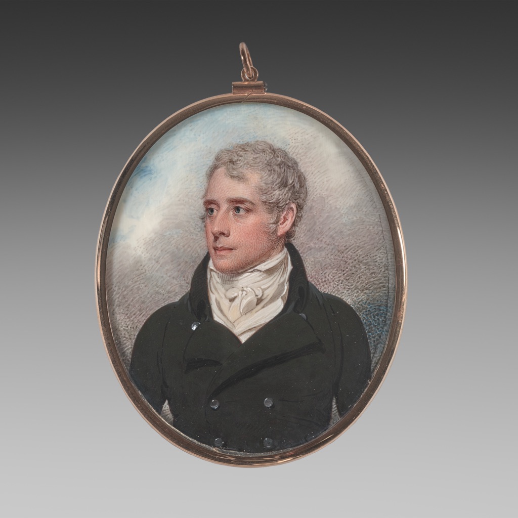 An oval miniature portrait models a man’s face, hair, dark coat and pale background with tiny contour-following watercolor dots and dashes.