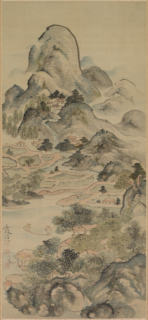 A tall hanging scroll builds mountains villages trees and water from pale blue-green and brown washes with dark ink contours on light silk.
