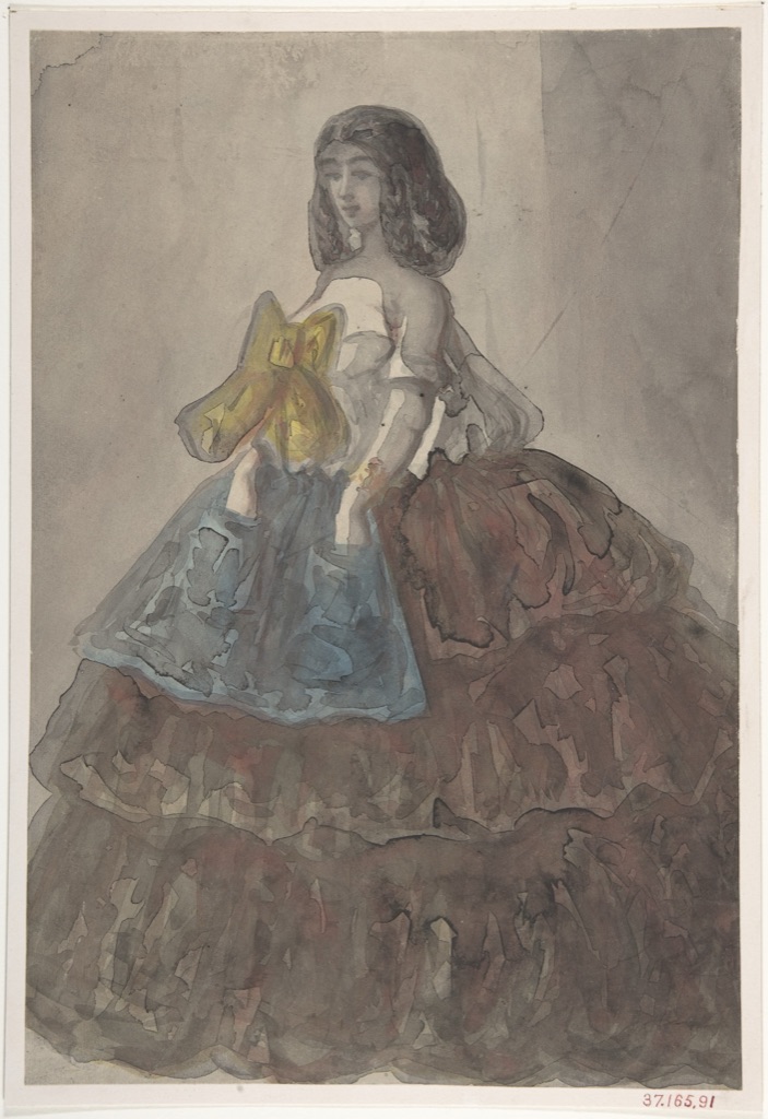 A woman wears a large muted red-brown tiered skirt with a blue apron and a localized yellow bow against a gray ground.