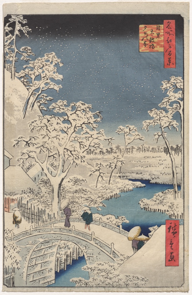 A snow-covered arched bridge and trees stand beneath a blue-gray sky beside a blue river, with small red title cartouches at right.