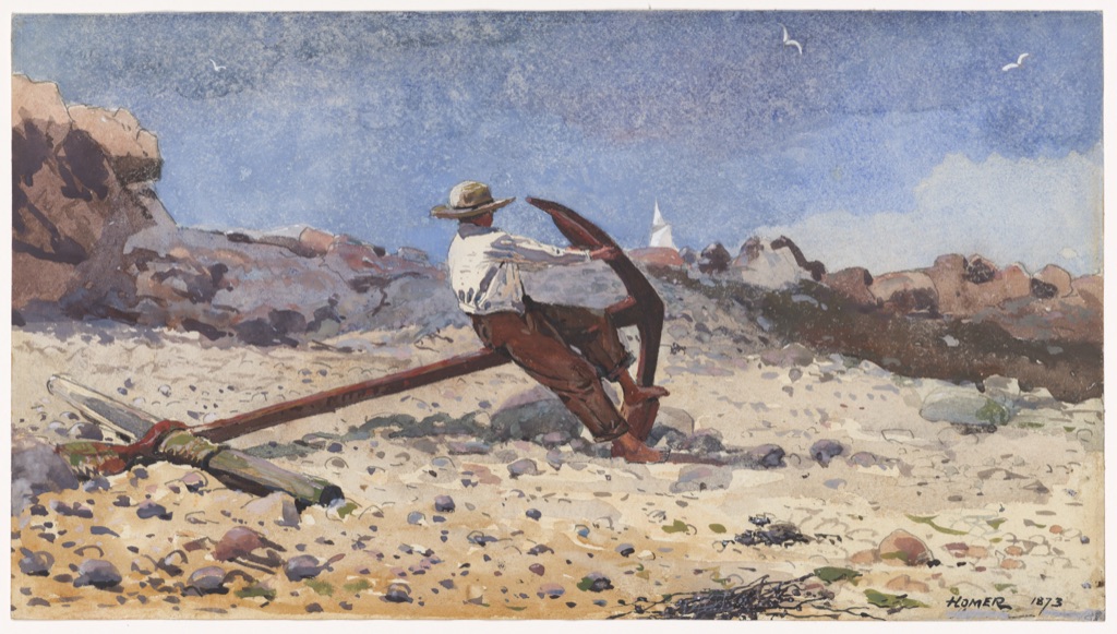 A seated boy and rust-red anchor occupy a beige and blue-gray rocky beach beneath a broad mottled blue sky.