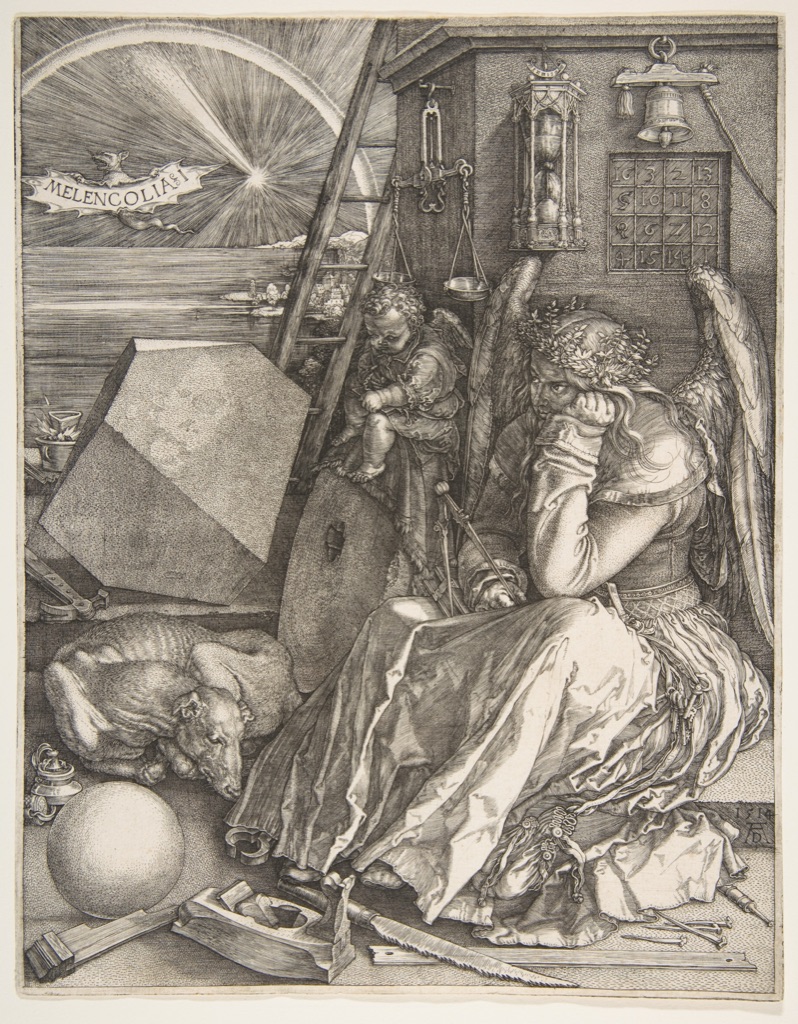 Dürer's Melencolia I shows a winged seated figure among tools beside a large faceted geometric solid.