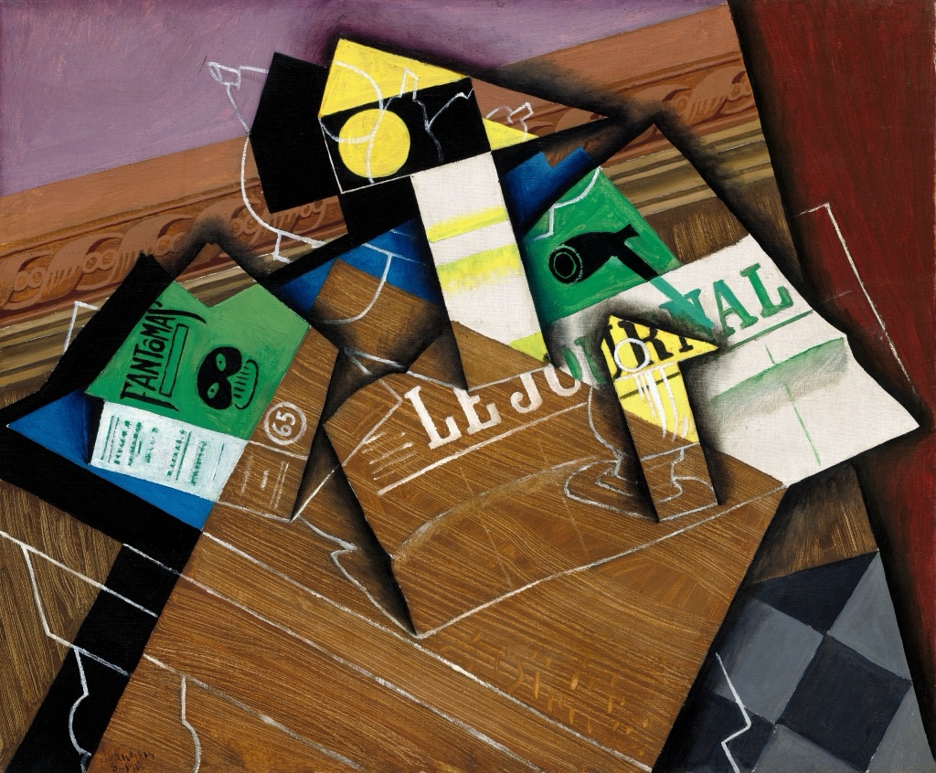 Gris's Fantômas layers angular planes, lettering, woodgrain and fragments of tabletop objects across the canvas.