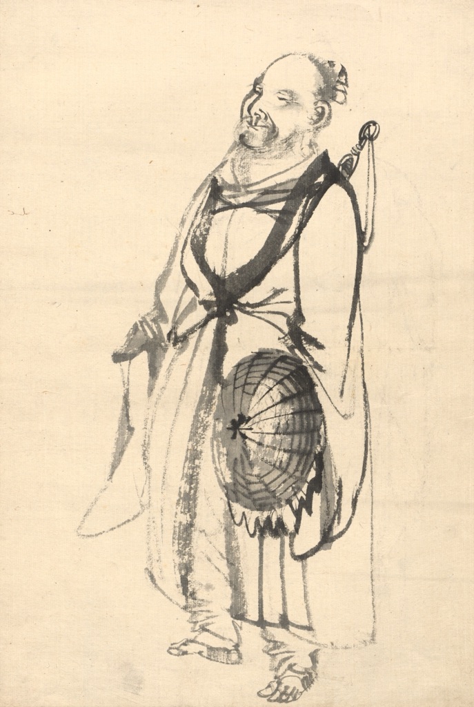 A wandering hermit in an attributed Kōno Bairei hanging scroll is described with thick and thin black ink lines on open paper.