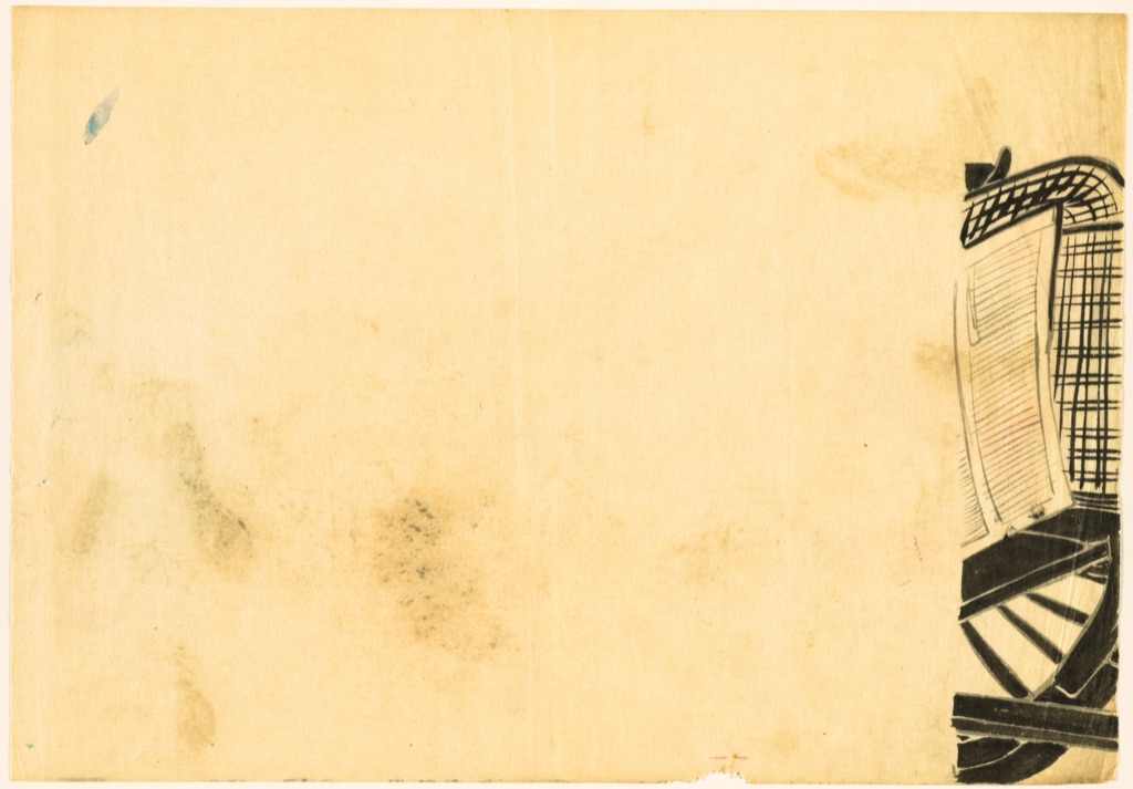 The complete catalogued drawing component places part of a flower-draped cart at the far right of a broad pale paper field.