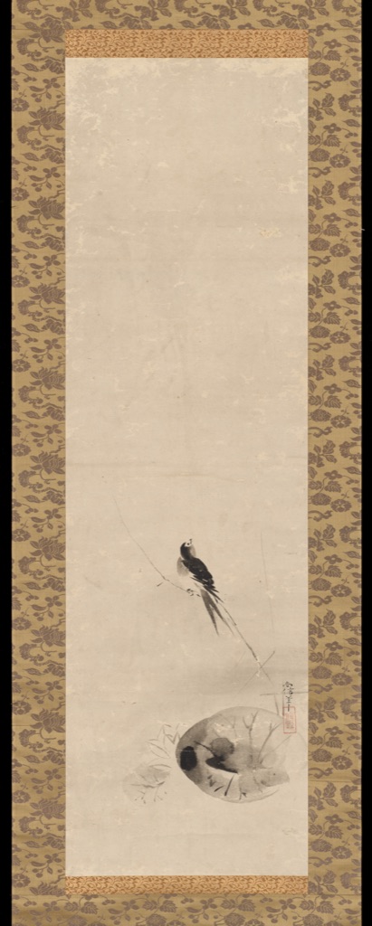 The complete narrow hanging-scroll painting places a small dark bird and reed within a broad pale paper field.