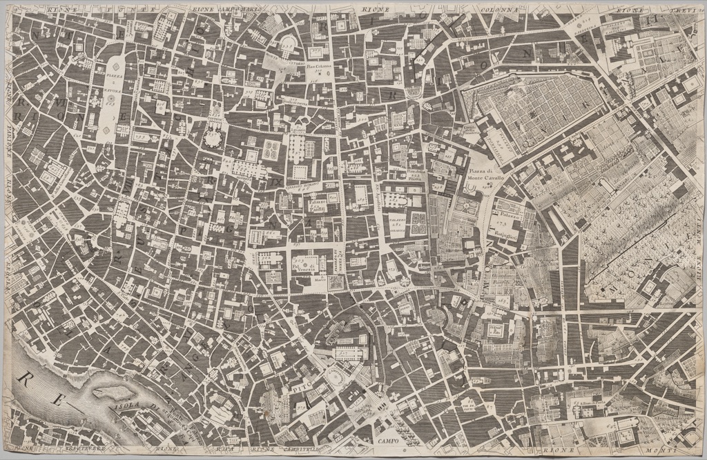 The complete engraved map sheet shows dense dark building footprints divided by pale streets, courtyards and interiors.