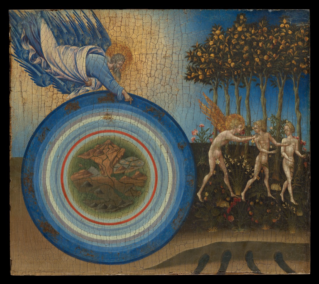 Giovanni di Paolo's panel places a circular layered cosmos beside an angel leading Adam and Eve from a densely planted garden on a gold ground.