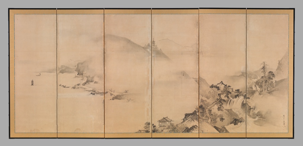 Kanō Tan'yū's paired screens spread shorelines, mist, mountains, buildings, boats and broad pale intervals across two wide six-panel surfaces.