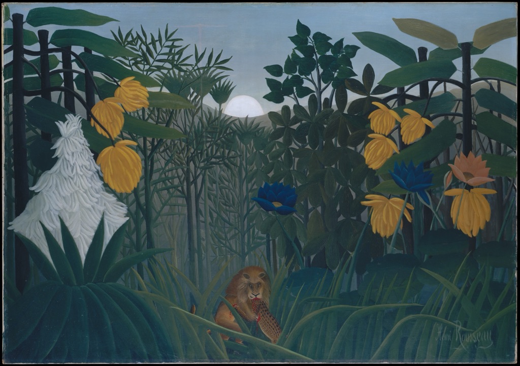 Rousseau's Repast of the Lion layers large overlapping leaves around a small lion beneath a narrow strip of pale sky.