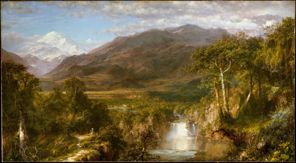 Church's Heart of the Andes shows dense trees, rocky mountains, waterfalls, river and clouds extending across a wide landscape.