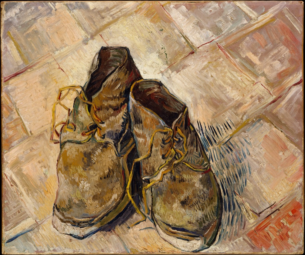 Vincent van Gogh's Shoes uses visible crossing strokes to suggest bent and worn leather.