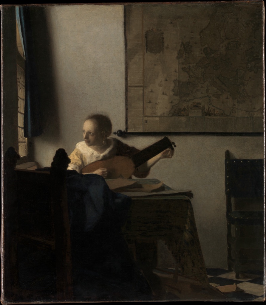 Vermeer's Young Woman with a Lute shows a seated musician beside a window with a wall map, table cloth, chair and tiled floor.