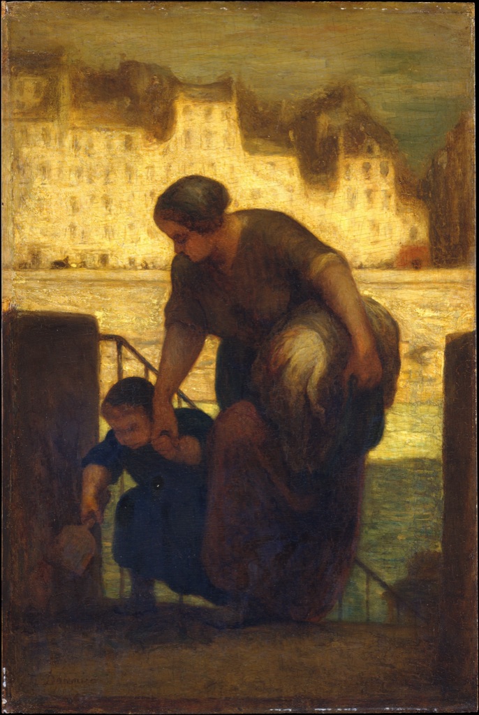 Daumier's painting shows a dark-clothed laundress carrying a bundle and guiding a child up steps against a pale riverside background.