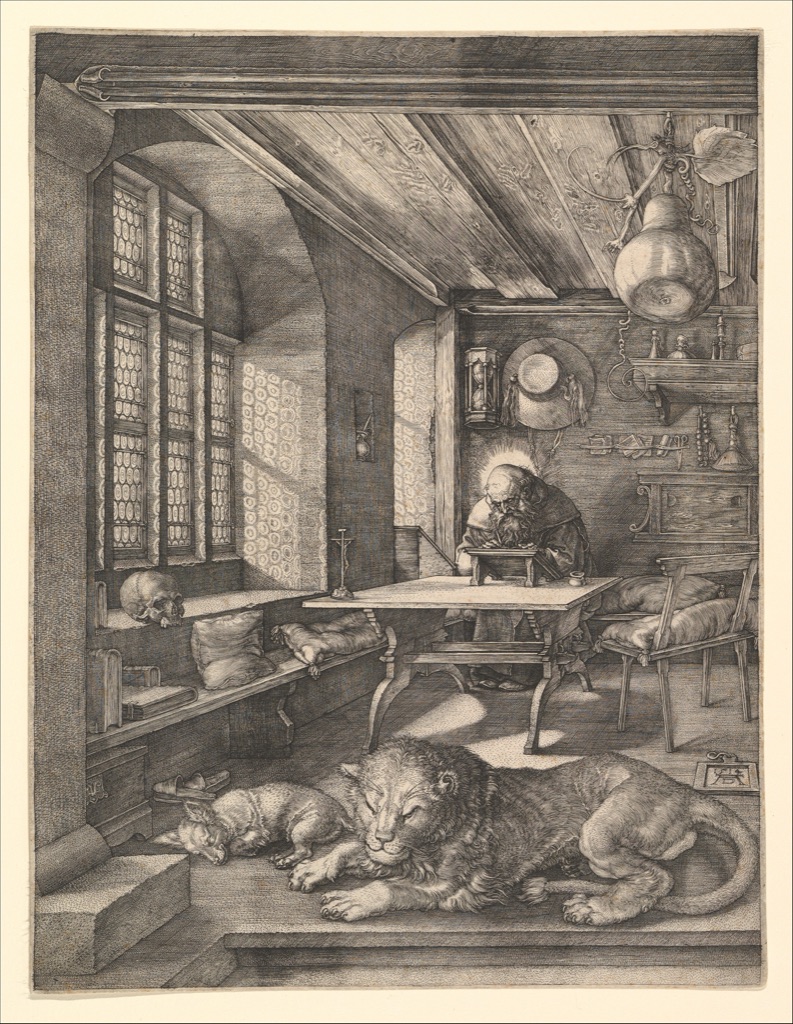 Dürer's full engraving shows Saint Jerome writing in a study where window light crosses walls, furniture, a sleeping lion and a small dog.