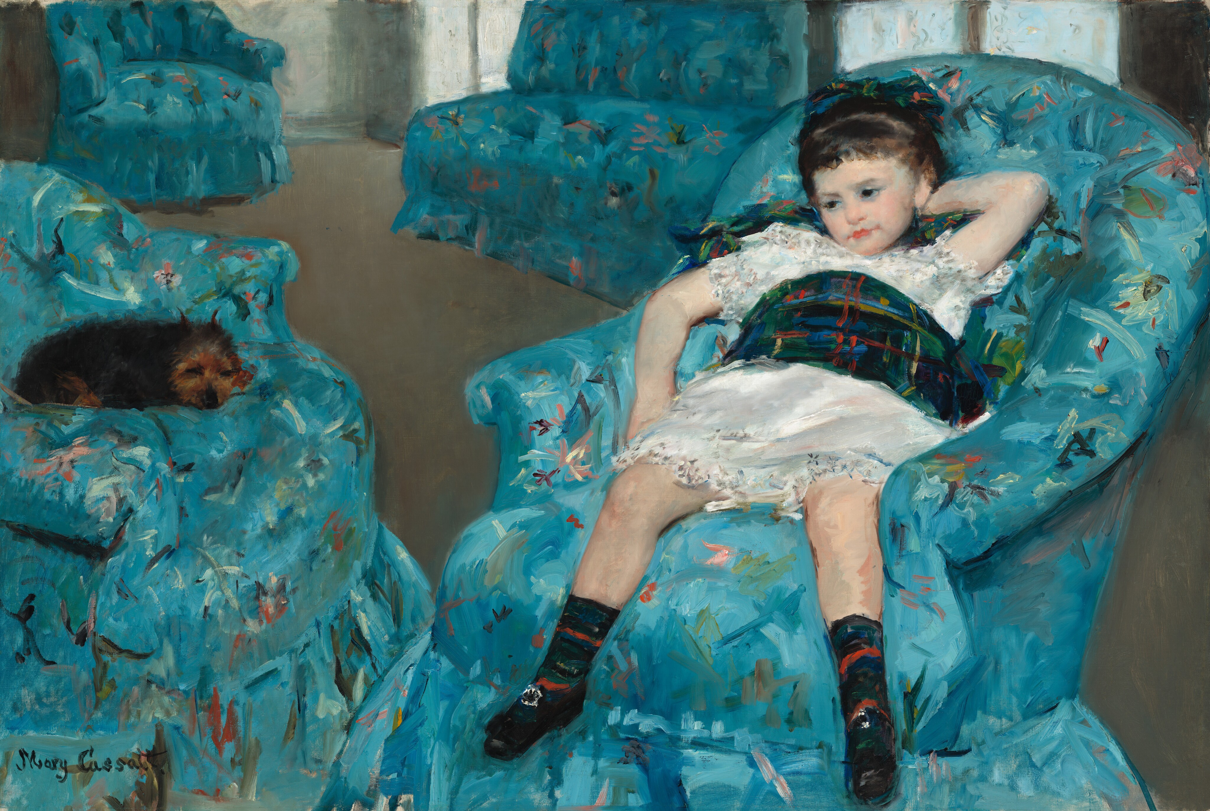 Cassatt's Little Girl in a Blue Armchair shows a child reclining among repeated blue chairs with a small dog opposite.