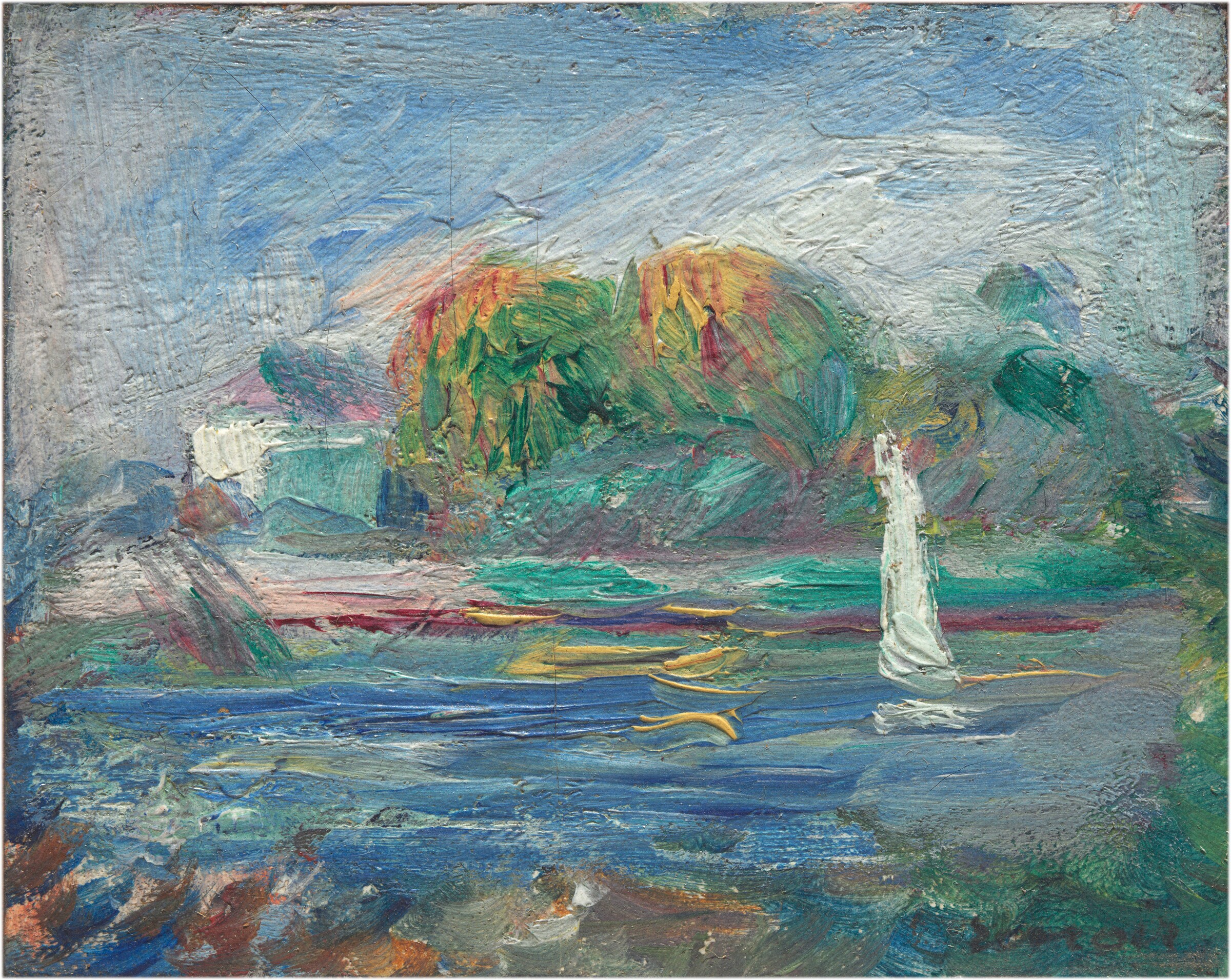 Renoir's Blue River layers blue water green banks and pale sky in thick varied brushstrokes.