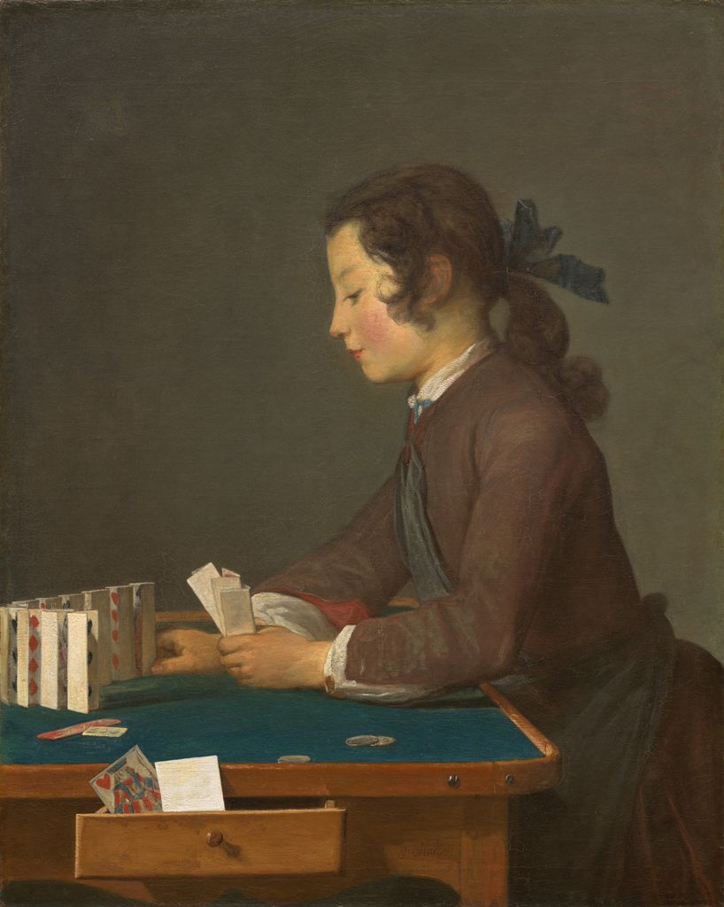 Chardin's House of Cards shows a young person arranging folded cards into a small structure on a table.