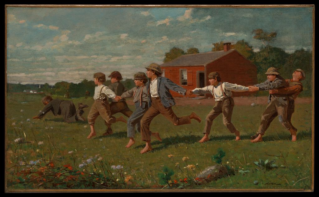 Homer's Snap the Whip shows a chain of running boys pulling apart across a grassy field.