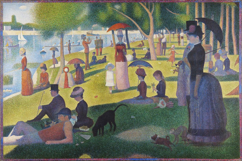 Seurat's La Grande Jatte spreads standing and seated figures across a sunlit park beside the river.