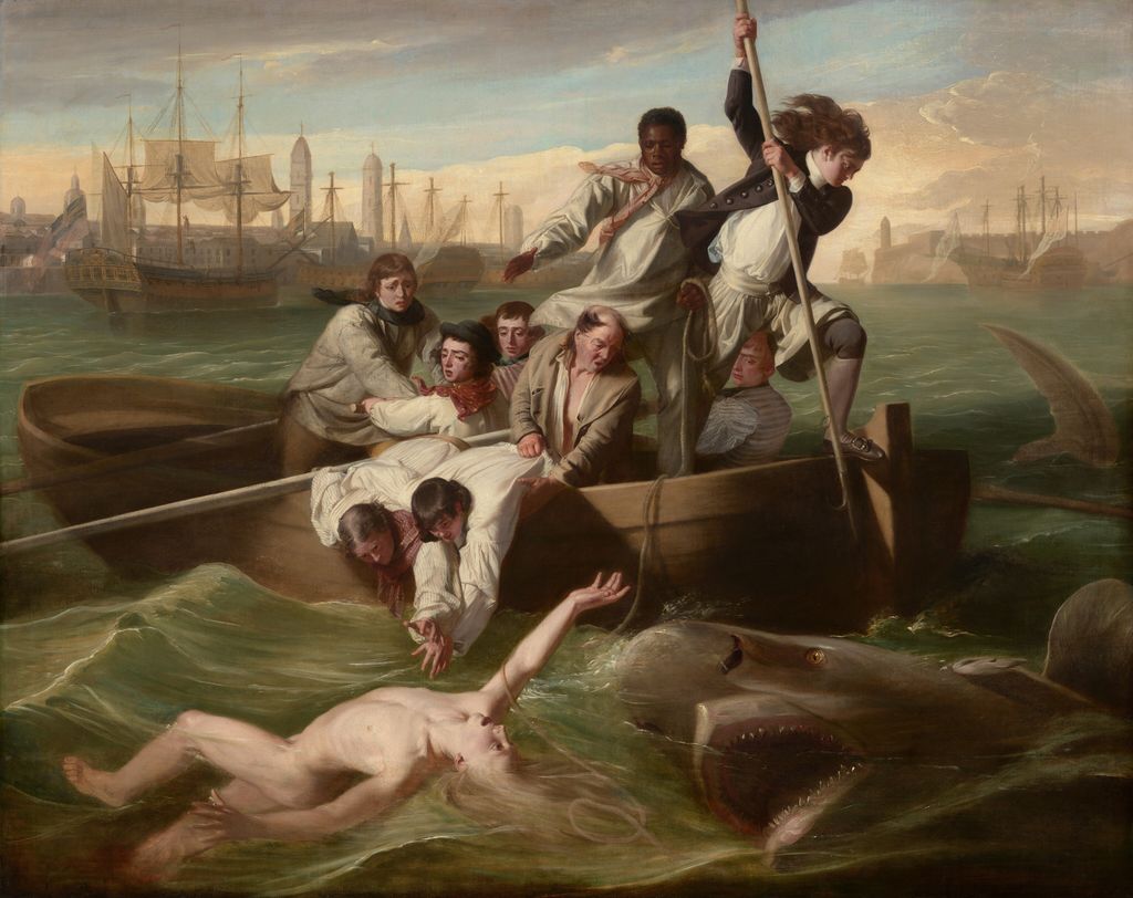 Copley's Watson and the Shark shows sailors reaching from a boat toward a swimmer as a shark approaches.