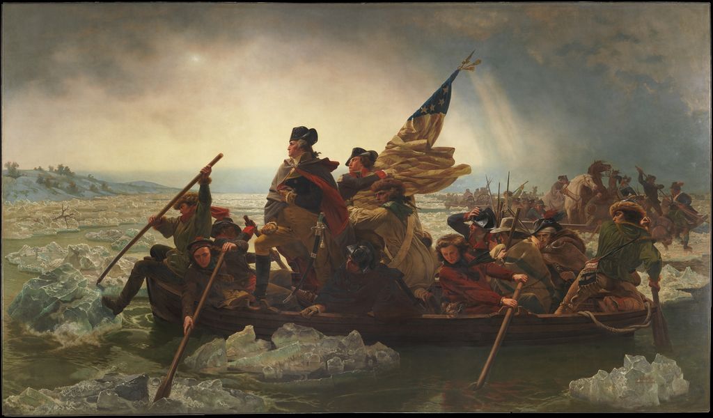 Leutze's Washington Crossing the Delaware shows a crowded boat advancing through ice beneath a brightening sky.