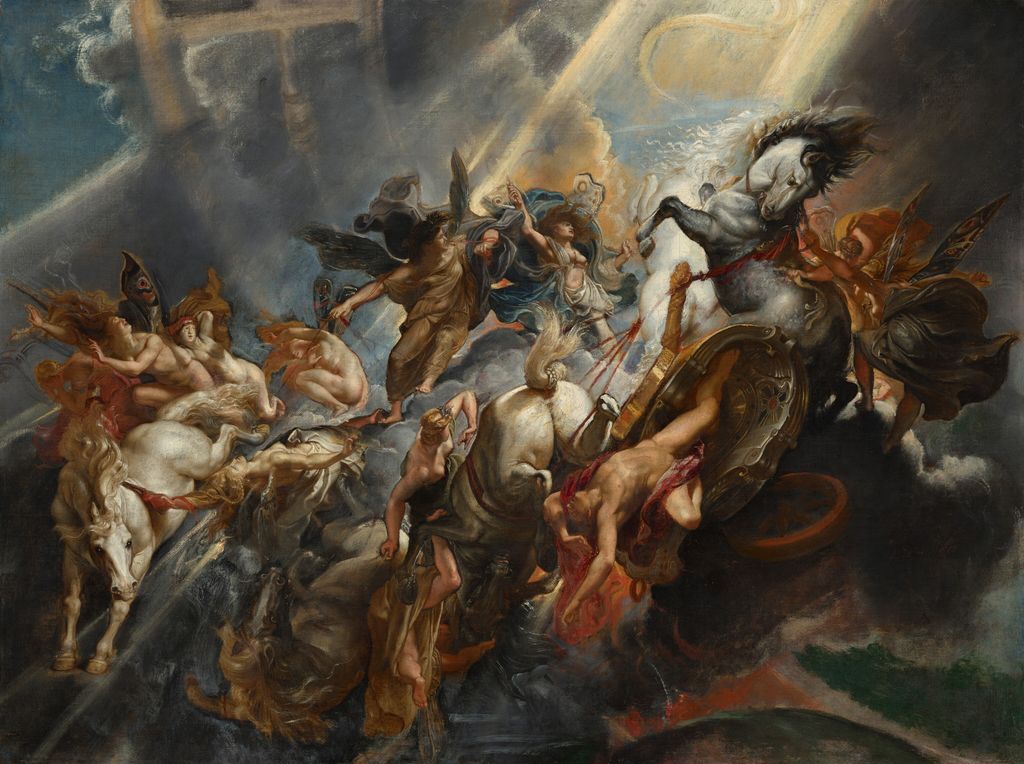 Rubens's Fall of Phaeton shows a shattered chariot horses and bodies tumbling through the sky.