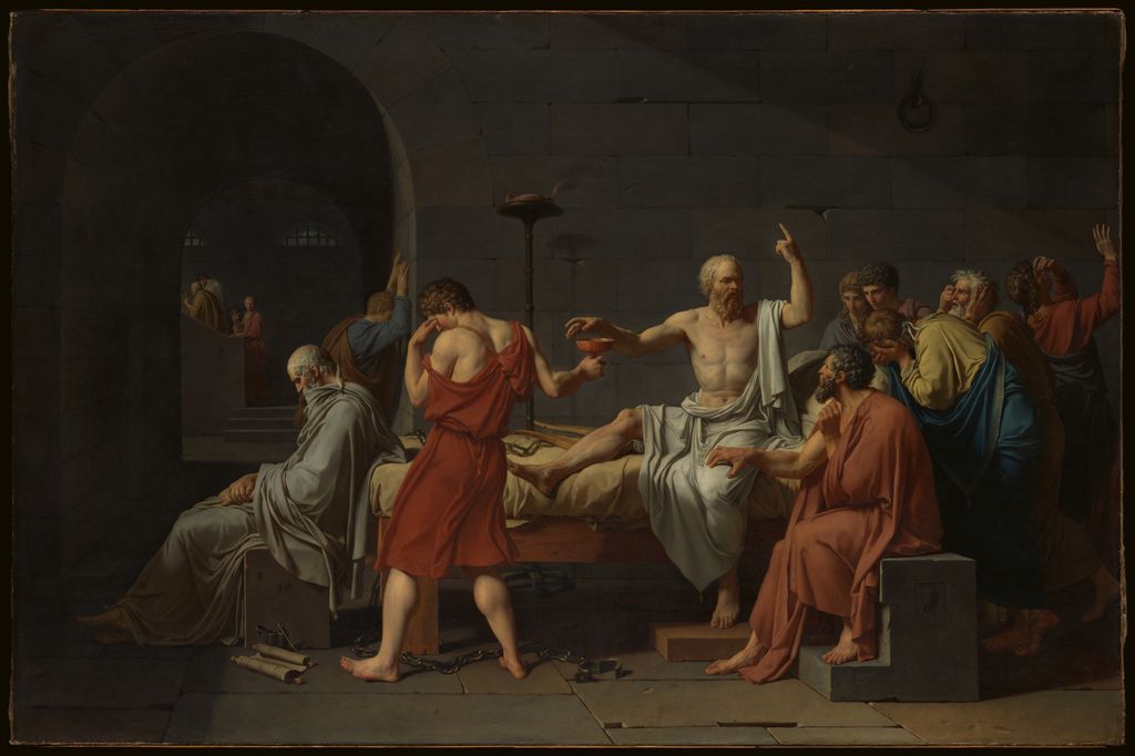 David's Death of Socrates centres the seated philosopher reaching for a cup while surrounding figures react.