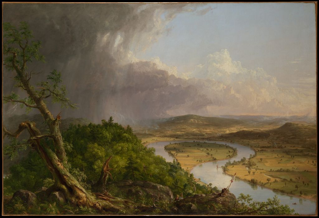 Thomas Cole's panoramic landscape divides storm-darkened wilderness from a sunlit cultivated river valley.