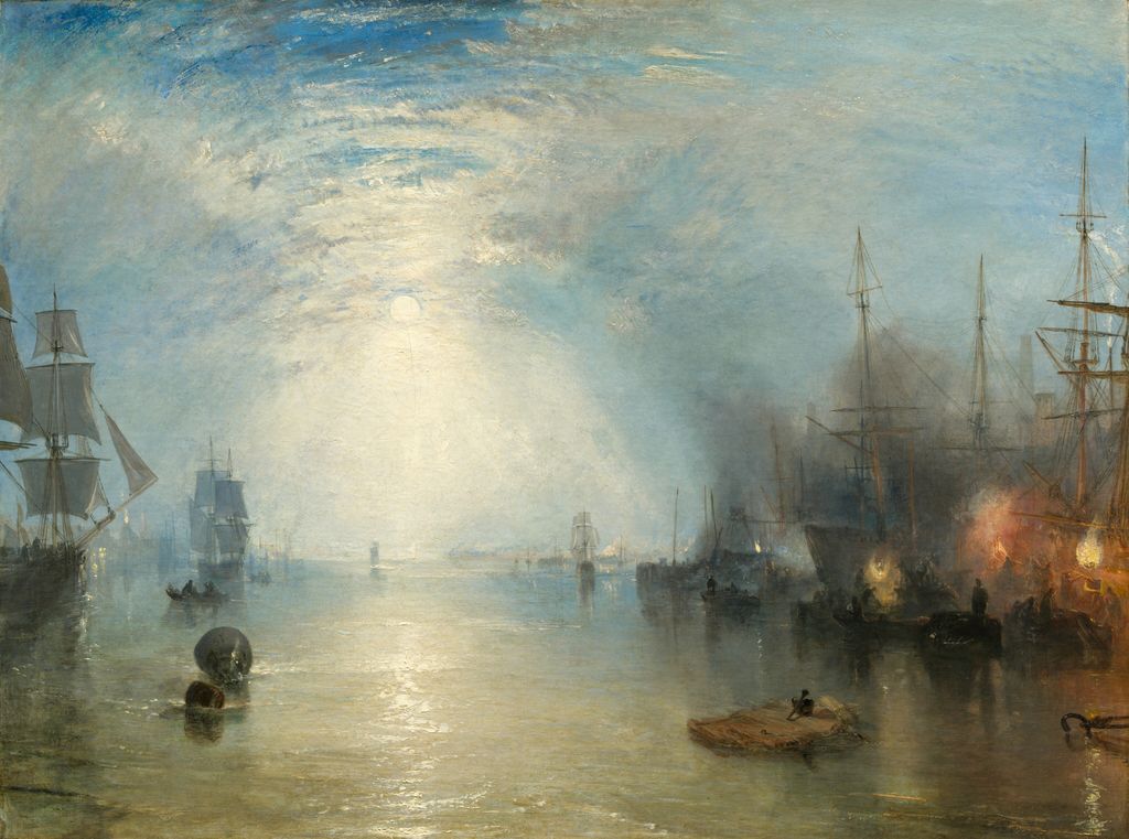 Turner's Keelmen shows a moonlit harbour with dark ships orange fires and luminous water.