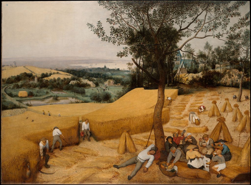 Bruegel's Harvesters spreads workers wheat fields trees a village and distant water across a broad summer landscape.