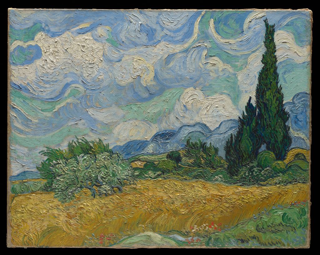 Van Gogh's Wheat Field with Cypresses joins field dark trees blue hills and curling clouds with directional brushwork.