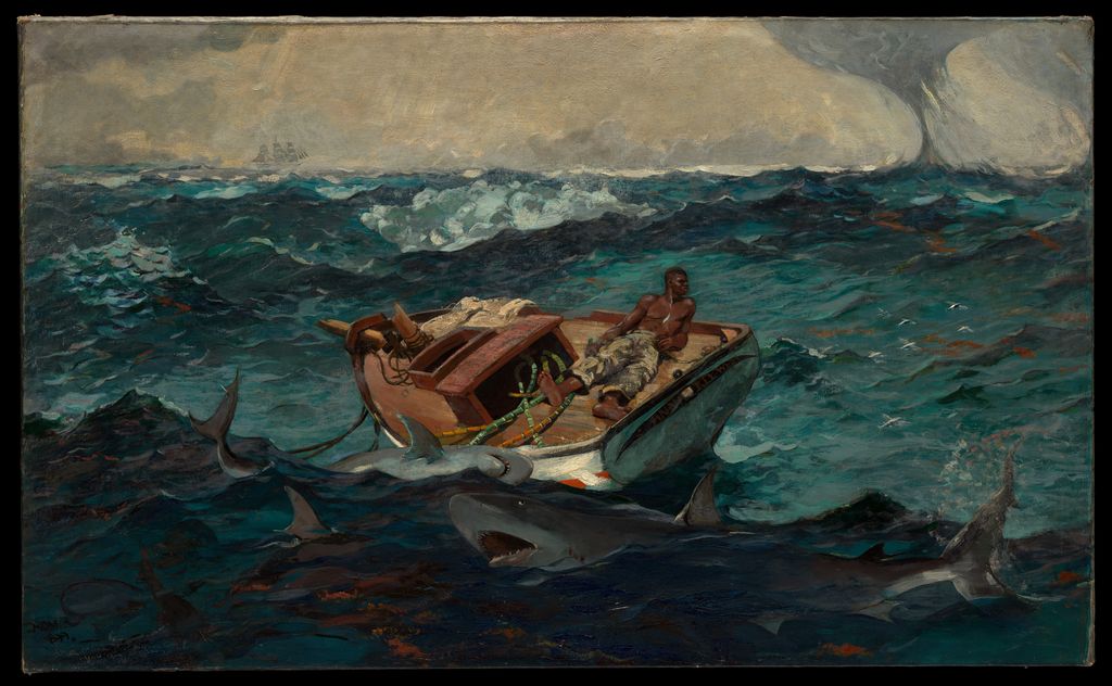 Homer's Gulf Stream isolates a Black man on a damaged boat amid rough sea sharks and a distant waterspout.