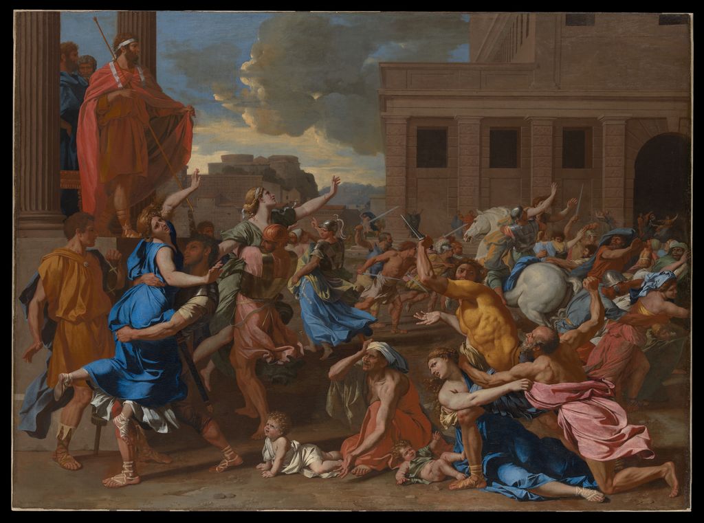Poussin's Abduction of the Sabine Women fills a classical square with opposing groups in violent motion.
