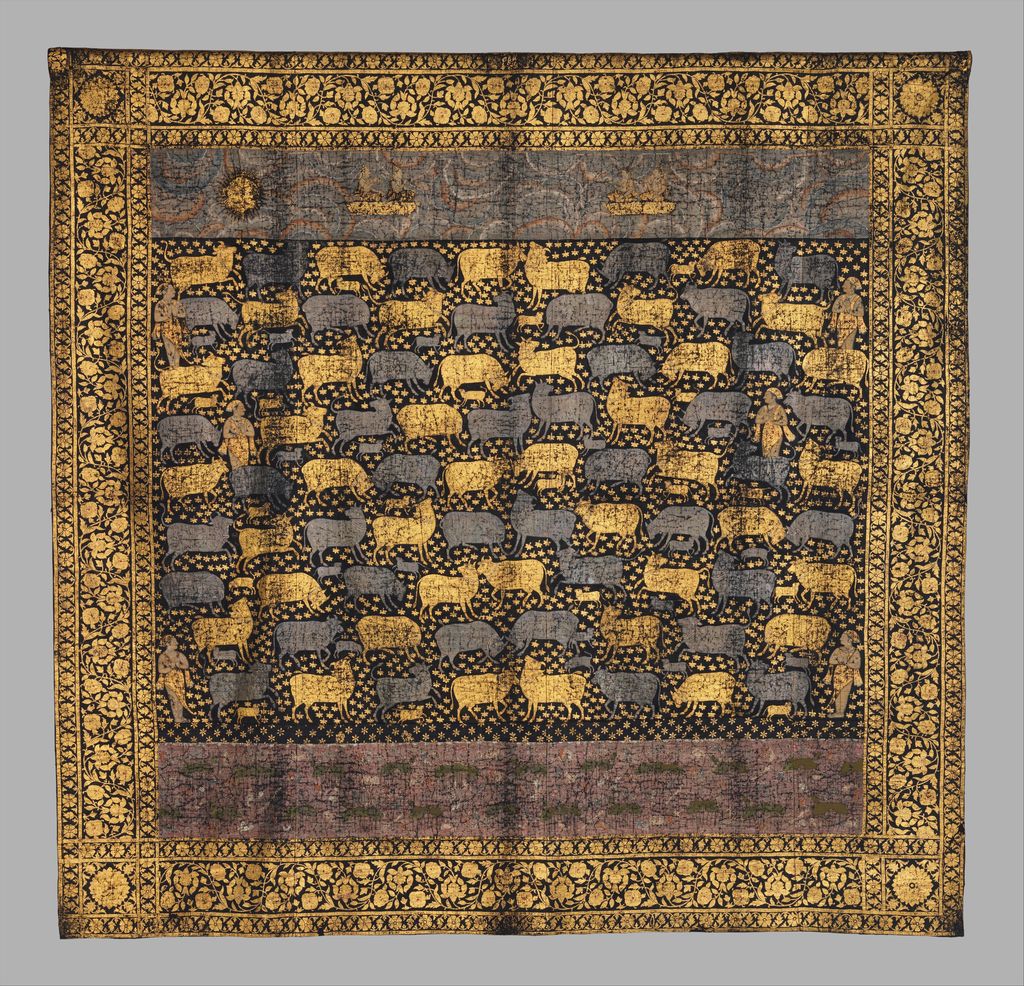 A complete indigo Pichhwai shows many gold and grey cows calves and attendants inside a broad floral border.
