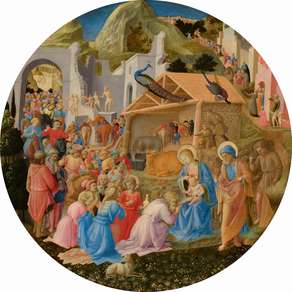 A circular Adoration gathers differently dressed figures animals ruins and landscape around Mary and the Christ Child.