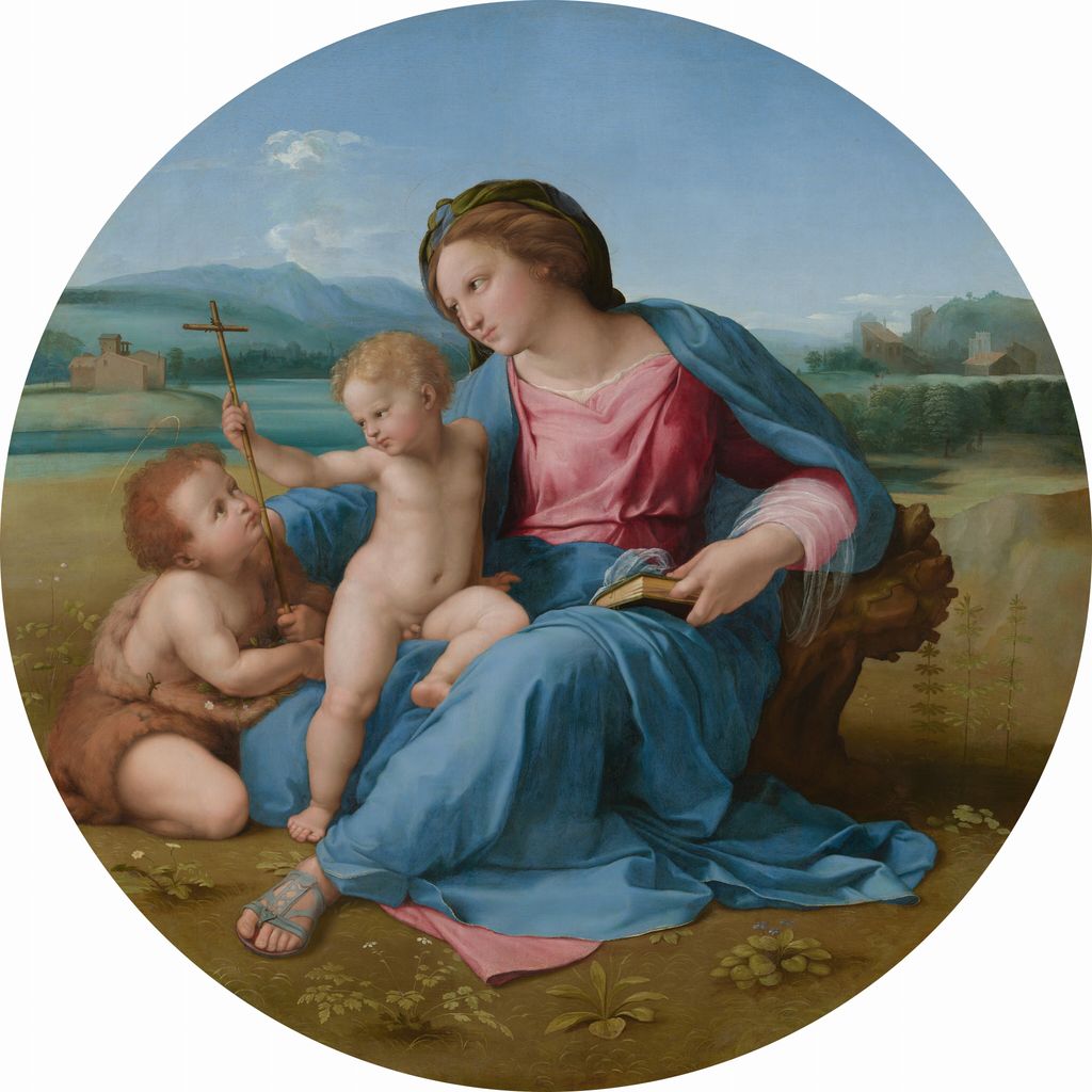Raphael's circular Alba Madonna groups Mary the Christ Child and young John the Baptist in a landscape.