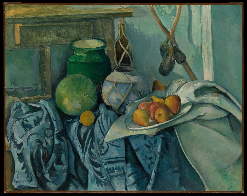 Cézanne's still life places a ginger jar fruit cloth and eggplants amid patterned and muted passages.