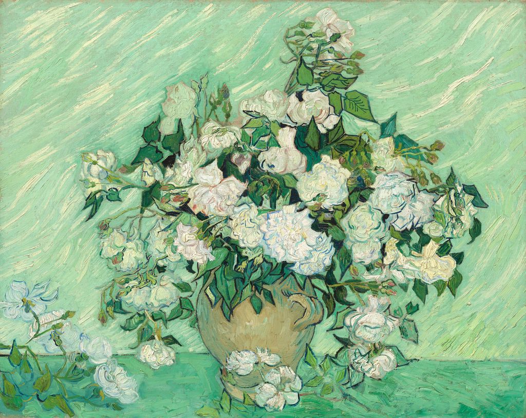 Van Gogh's Roses shows a vase surrounded by overlapping pale blossoms and green leaves against green.