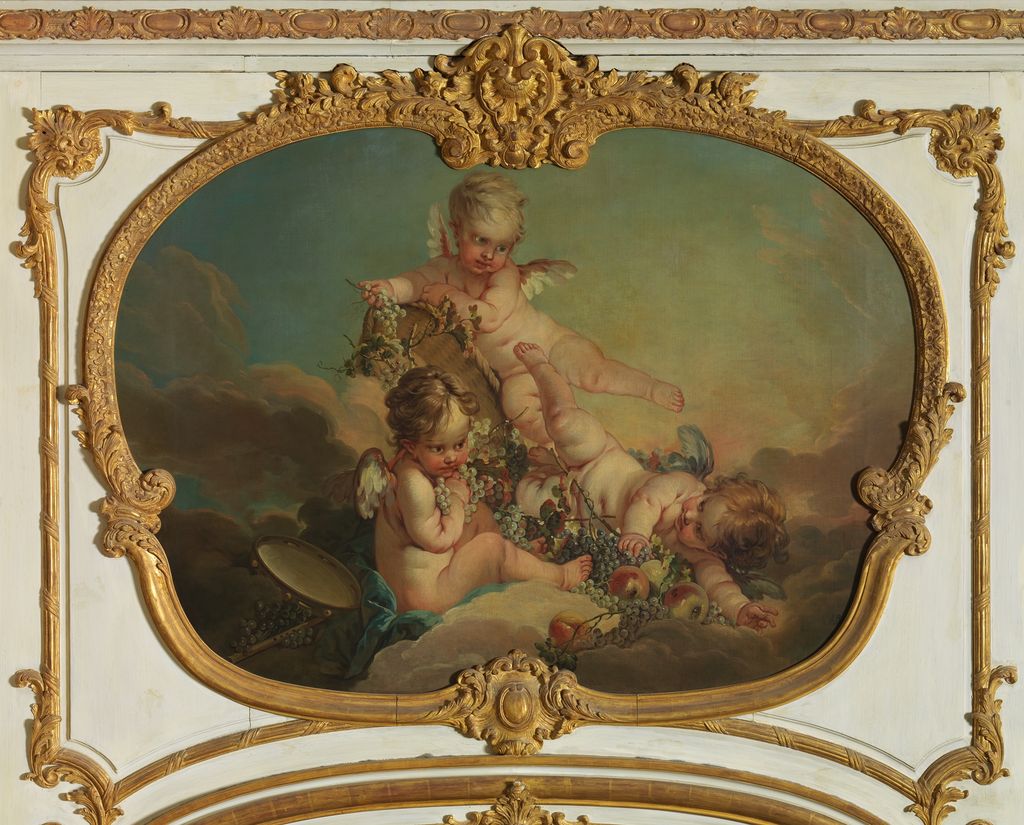 Boucher's putti float with fruit and seasonal attributes in an irregular Rococo panel representing Autumn.